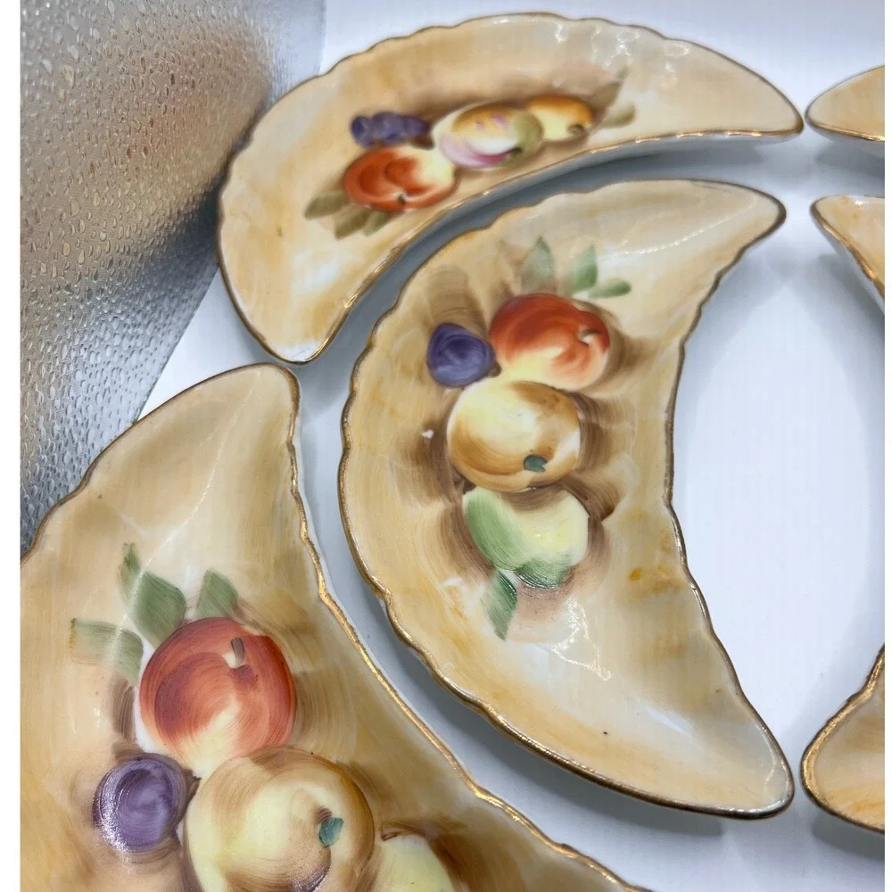 Ardco Crescent Bone Dish Set of 6 Cream Fruit Gold Trim Excellent Vintage C 2362